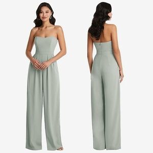 AFTER SIX | Wedding Guest Strapless Pleated Jumpsuit in Willow Green | Size 10